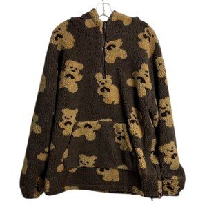NWT Aelfric Eden Brown Teddy Bear Hoodie Quarter Zip Sweatshirt Size Medium